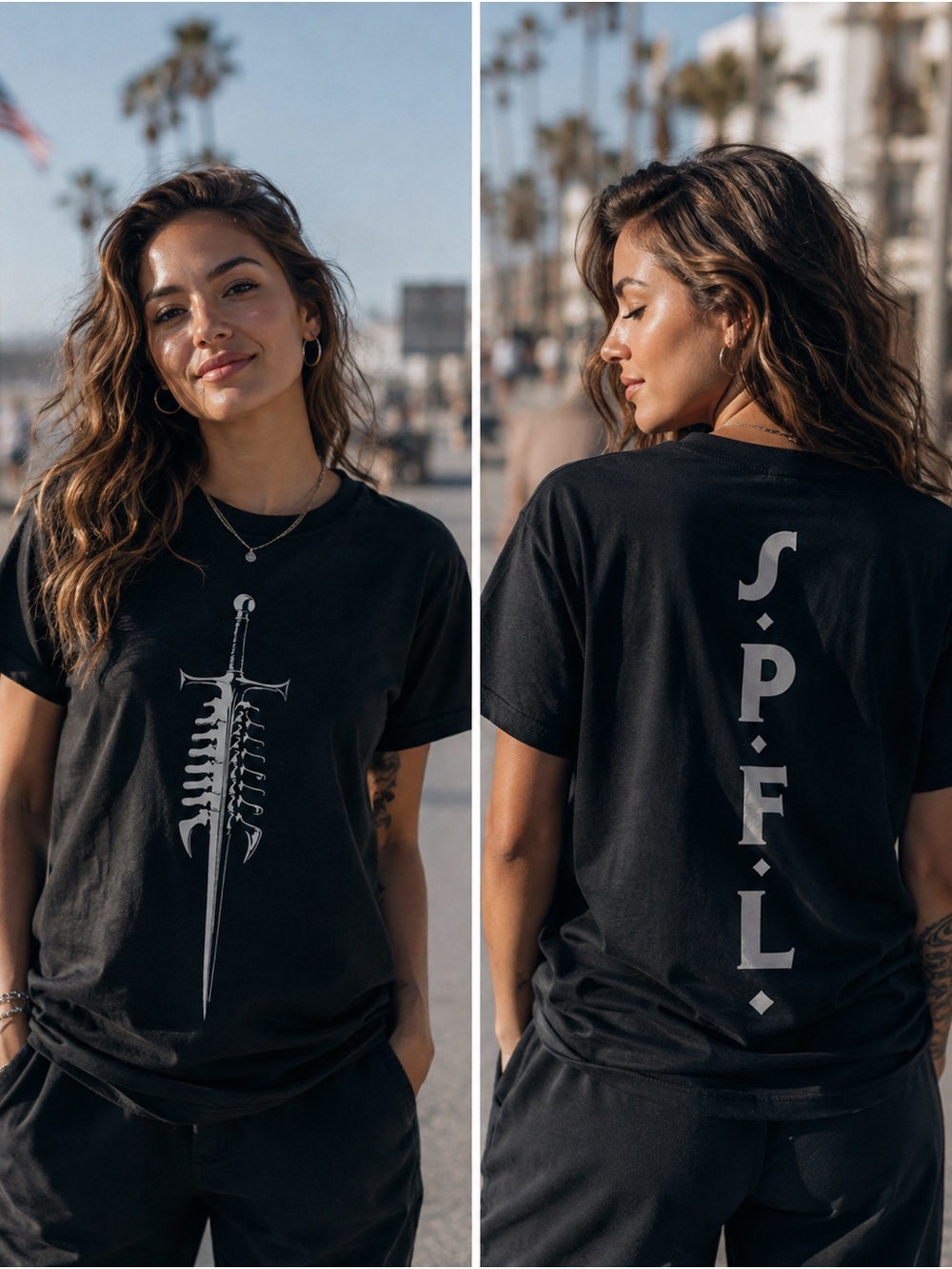 Black Short Sleeve Graphic Tee with Sword Spine Motif